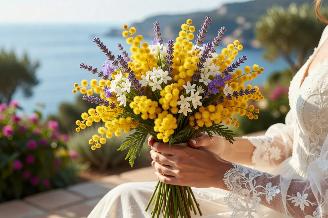 Bouquet de mariée composé de fleurs locales du 06 — mimosa, jasmin et lavande — vue complémentaire