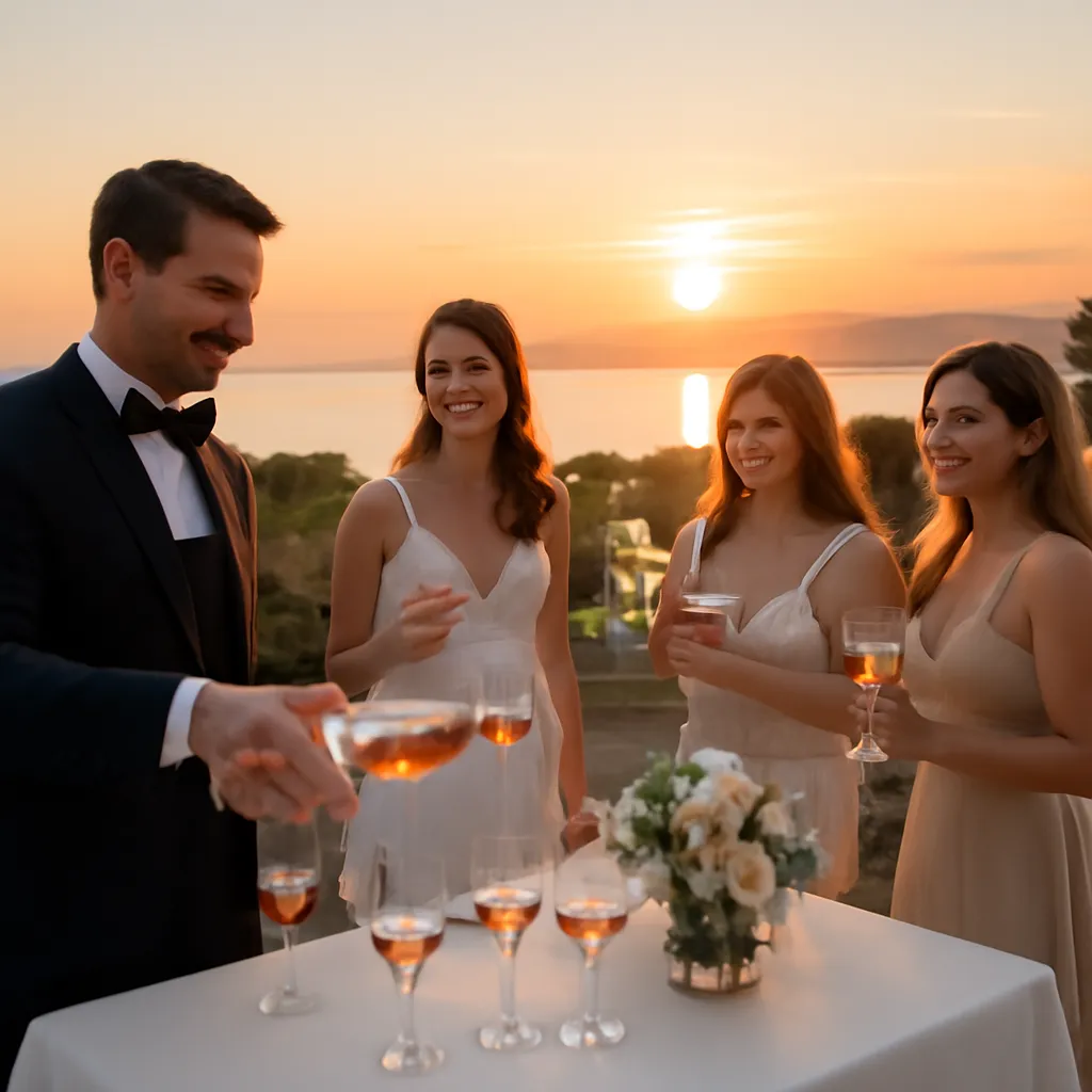 Dégustation de vin de Bellet à un cocktail de mariage, terrasse sur la Riviera — vue complémentaire