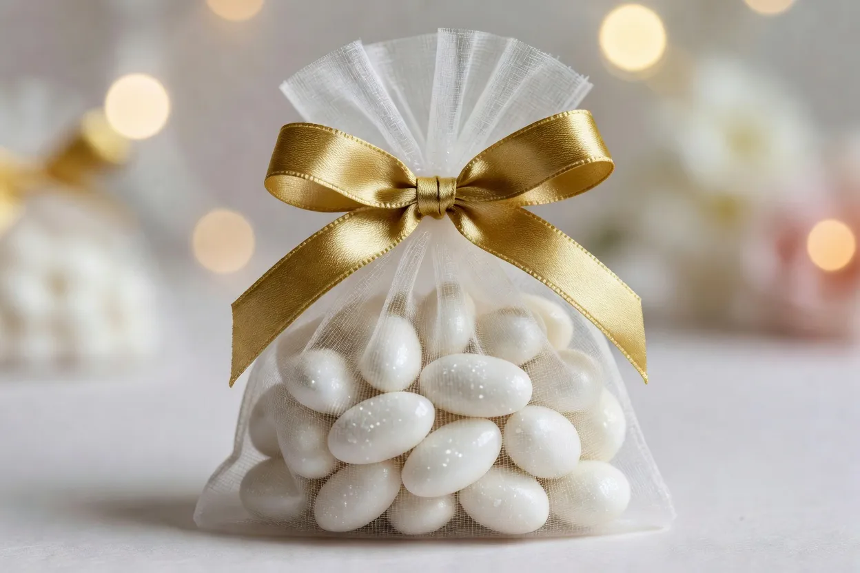 Confetti italiens — dragées blanches dans une bomboniera de tulle ivoire — vue complémentaire
