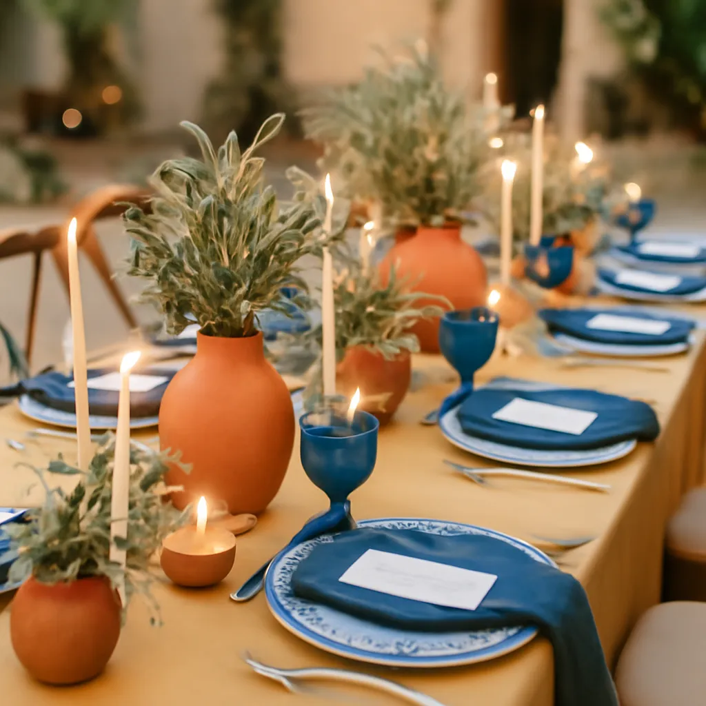 Décoration de table de mariage méditerranéenne, palette bleu azur et ocre toscan — vue complémentaire
