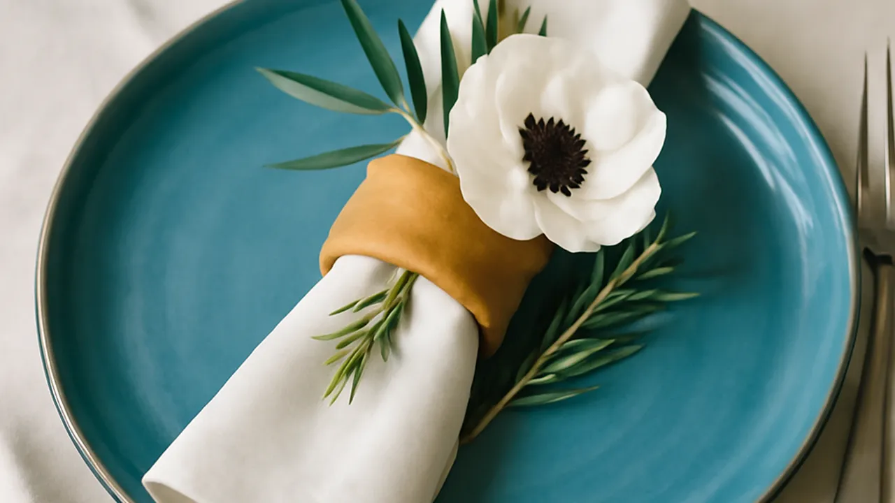 Décoration de table de mariage méditerranéenne, palette bleu azur et ocre toscan