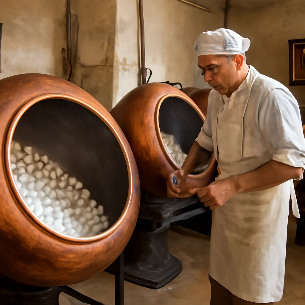 Fabrication artisanale des dragées à Sulmone, bassines de cuivre et amandes blanches — vue complémentaire