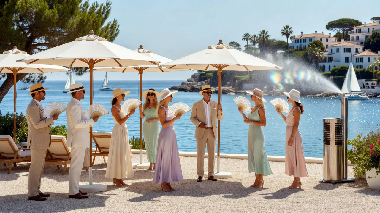 Cocktail de mariage estival en plein air, invités sous parasols blancs avec éventails — vue complémentaire