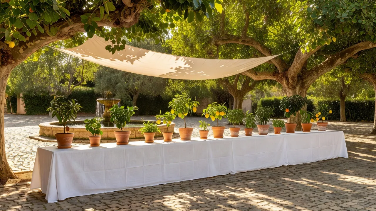 Cocktail de mariage estival en plein air, invités sous parasols blancs avec éventails