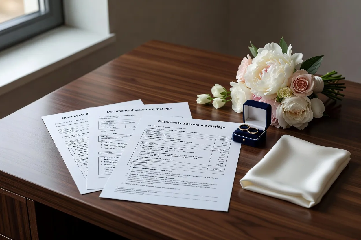 Couple préparant son mariage sur la Côte d'Azur avec les documents d'assurance