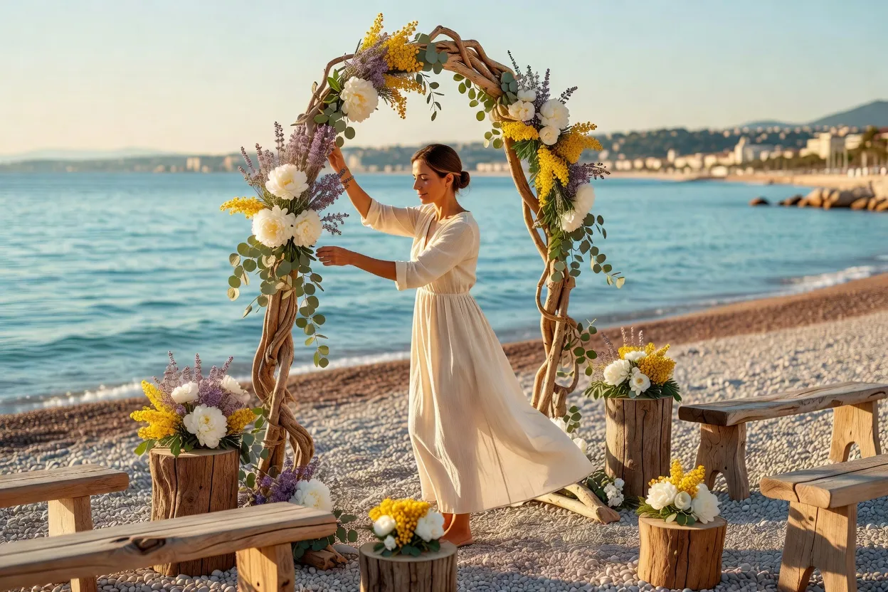 Rituel symbolique du sable coloré lors d'une cérémonie laïque en extérieur sur la Côte d'Azur