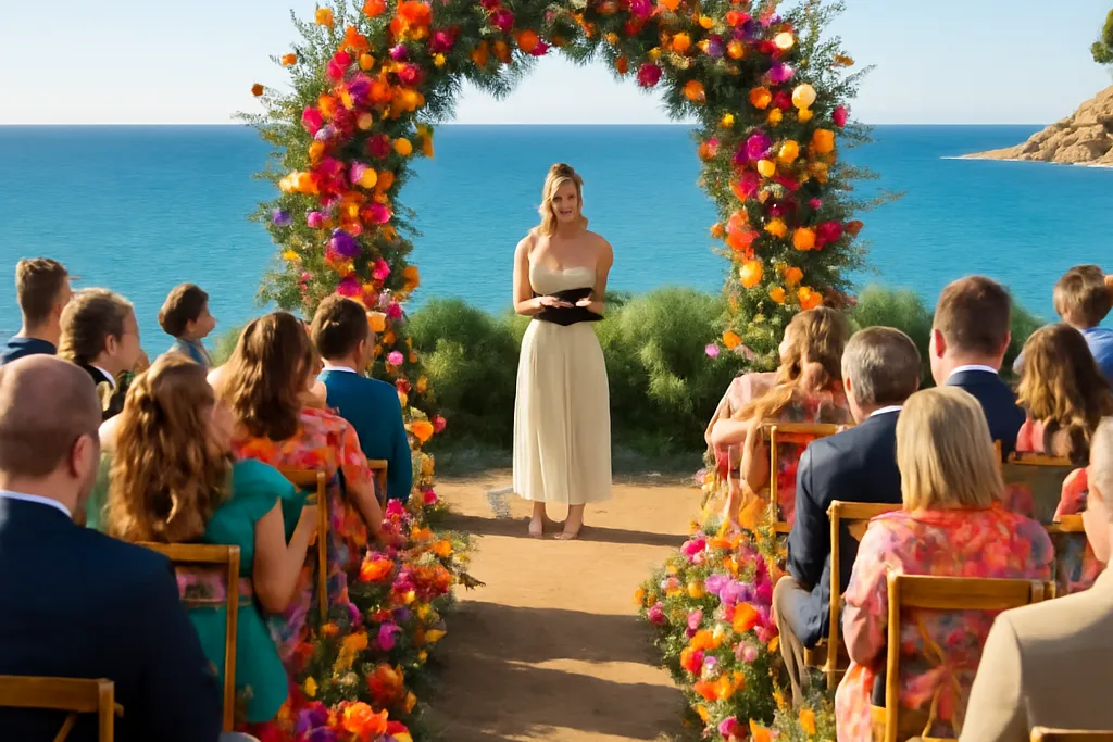 Officiante de cérémonie laïque coordonnant les derniers préparatifs avec les prestataires avant le mariage