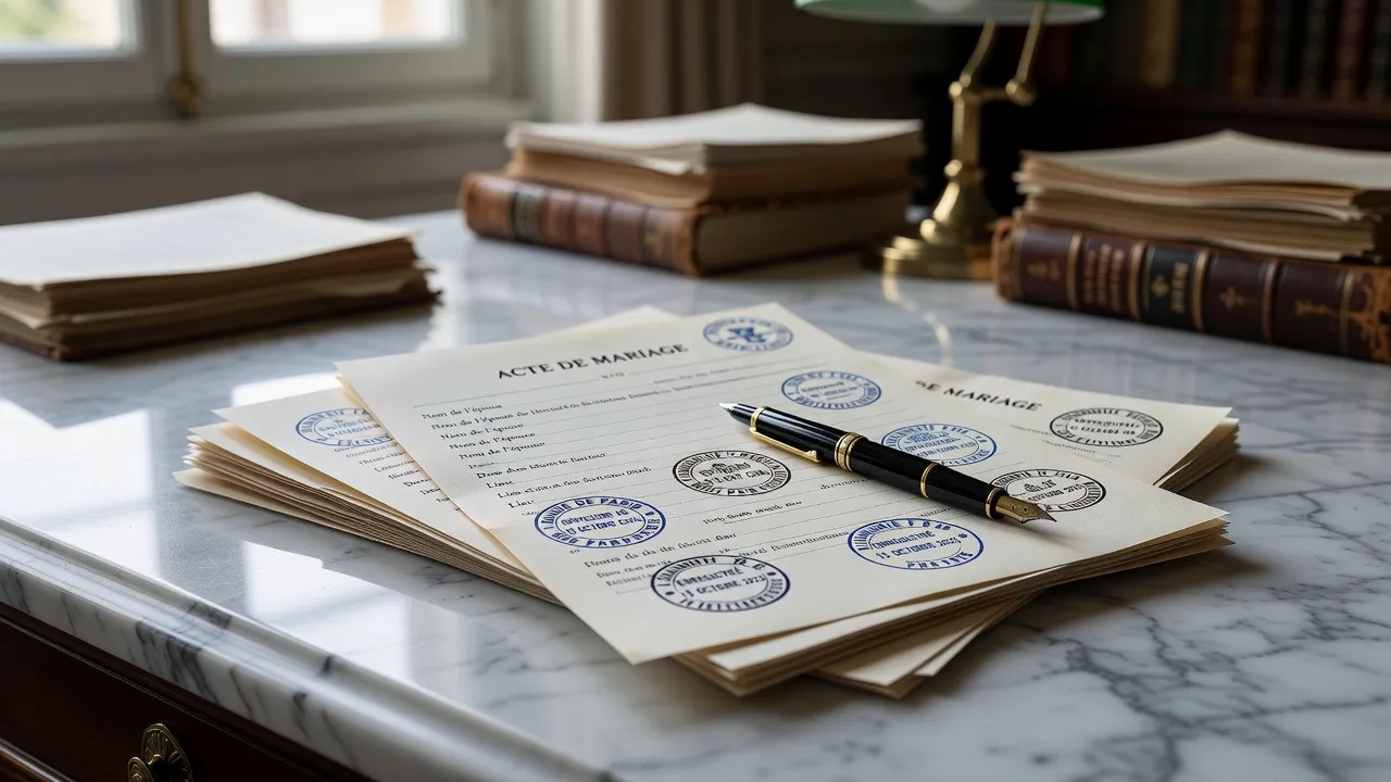 Documents officiels de mariage et registre d'état civil sur bureau en bois
