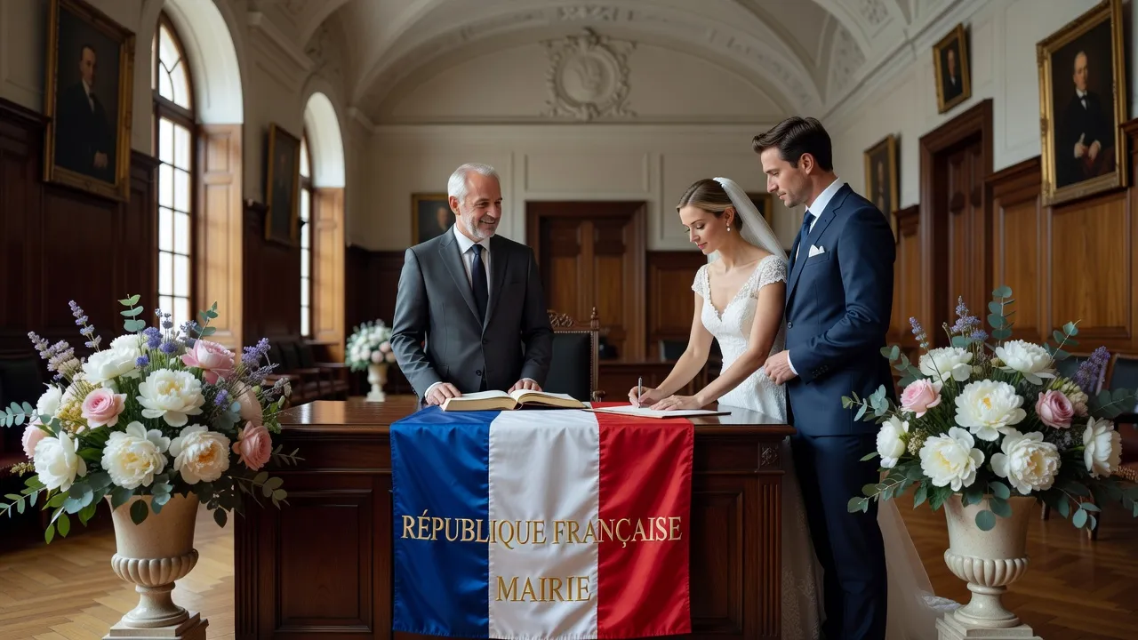 Salle de cérémonie civile à l'hôtel de ville avec écharpe tricolore