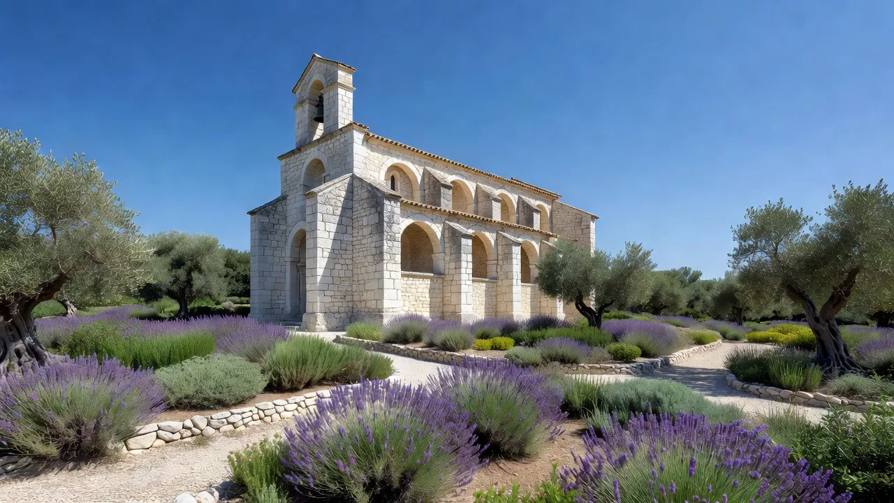 Nef fleurie d'une église provençale prête pour un mariage