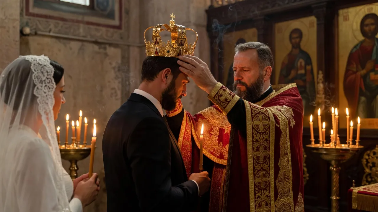 Cérémonie orthodoxe avec couronnes nuptiales dans une église de la Côte d'Azur