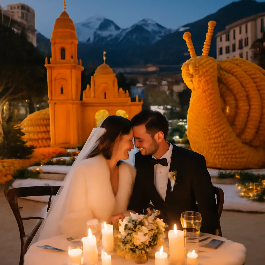 Dîner de mariage hivernal à Menton, décor de cédrats et d oranges, lumières dorées — vue complémentaire