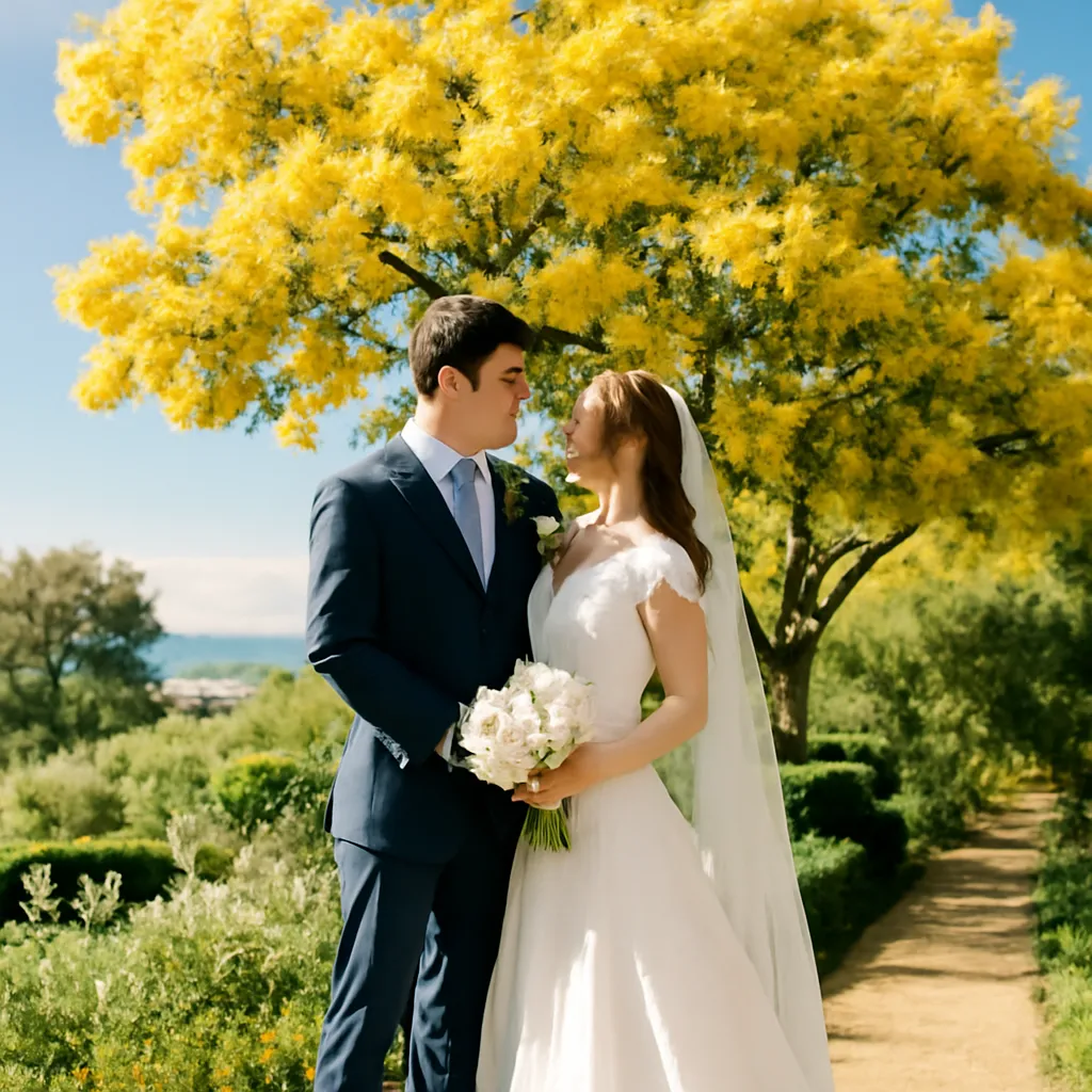 Mariage en mai sur la Côte d Azur, mimosas en fleur et ciel méditerranéen parfait — vue complémentaire