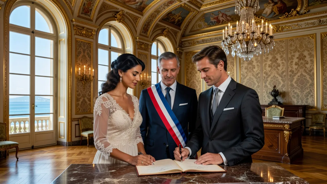 Couple italo-français signant le registre de mariage civil à la mairie de Nice — vue complémentaire