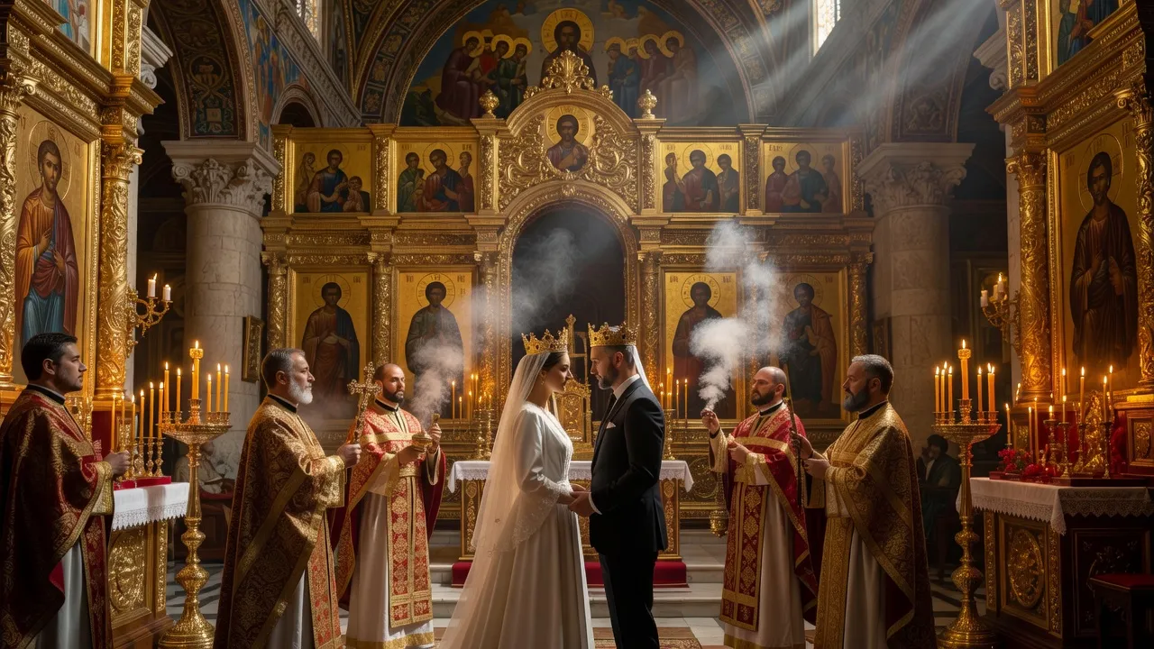 Cérémonie de mariage orthodoxe à la cathédrale Saint-Nicolas de Nice, couronnes nuptiales — vue complémentaire