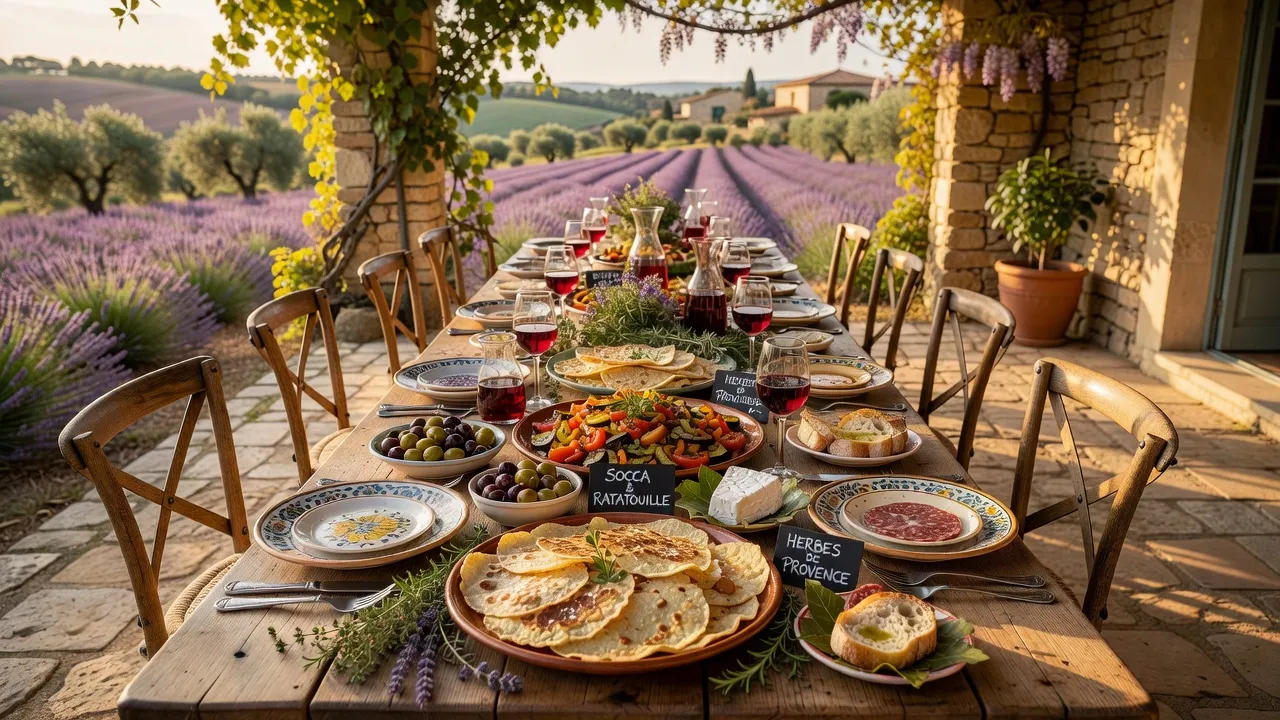 Menu mariage provençal-niçois servi par un traiteur, spécialités régionales présentées — vue complémentaire