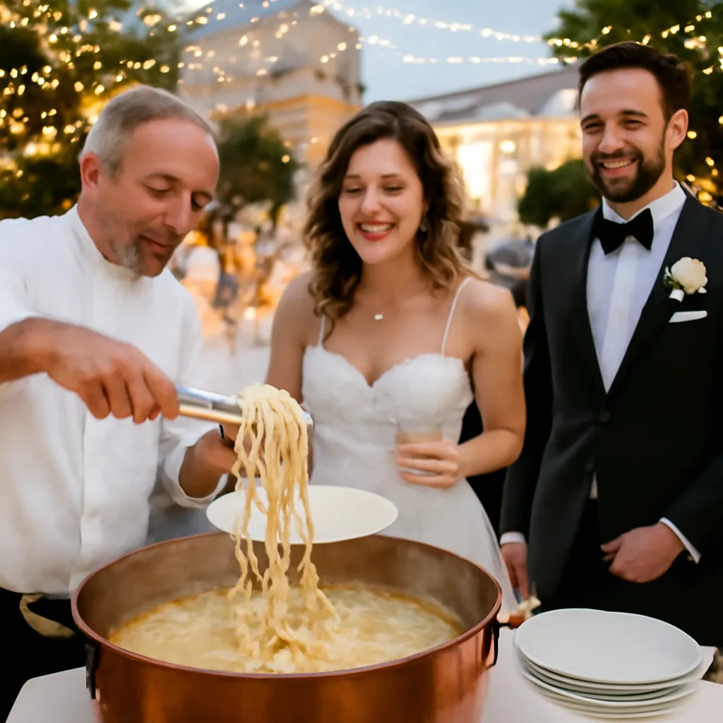 Pasta party italo-niçoise à un mariage, plats de pâtes fraîches en service festif — vue complémentaire