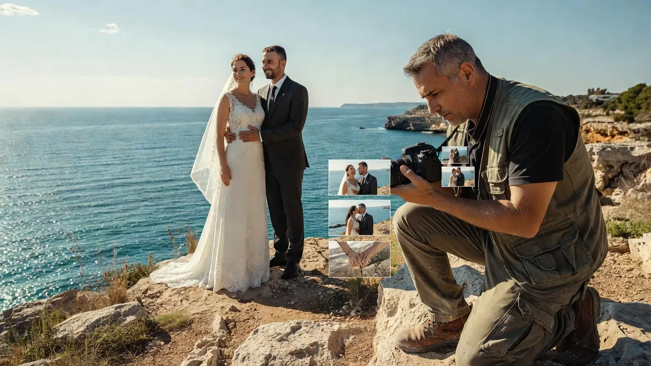 Photographe et couple lors d'un mariage sur la Méditerranée