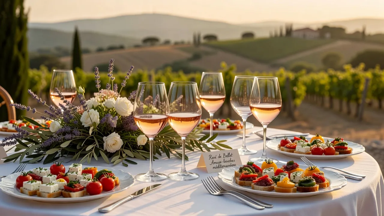 Détail de table de dégustation pour un mariage sur la Côte d'Azur — verres de vin de Bellet et amuse-bouches méditerranéens