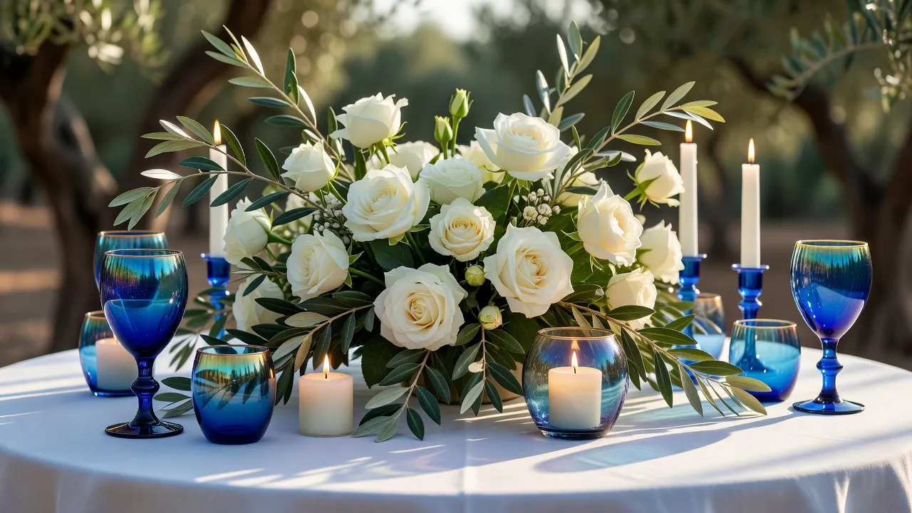 Centre de table méditerranéen avec roses blanches, feuillage d'olivier et bougies