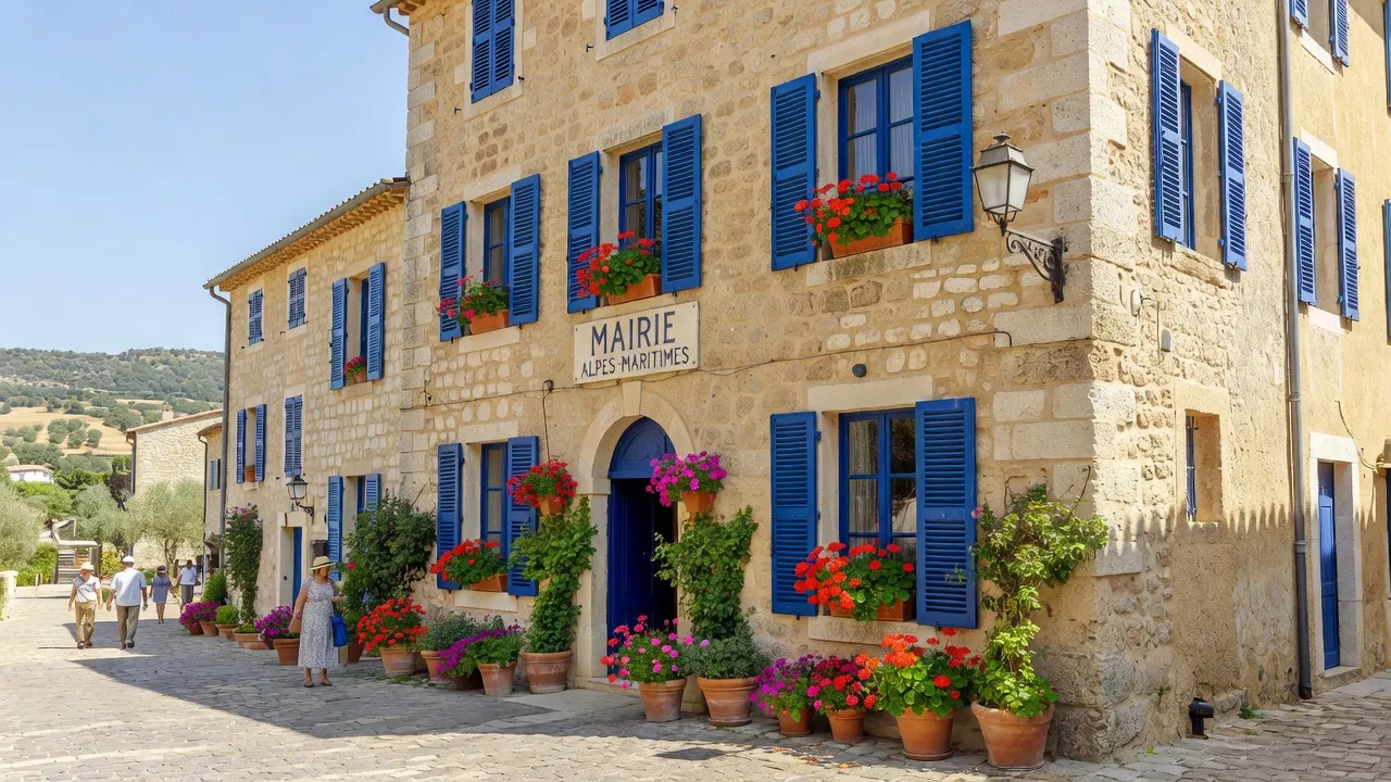 Mairie pittoresque provençale dans les Alpes-Maritimes, façade en pierre fleurie — vue complémentaire