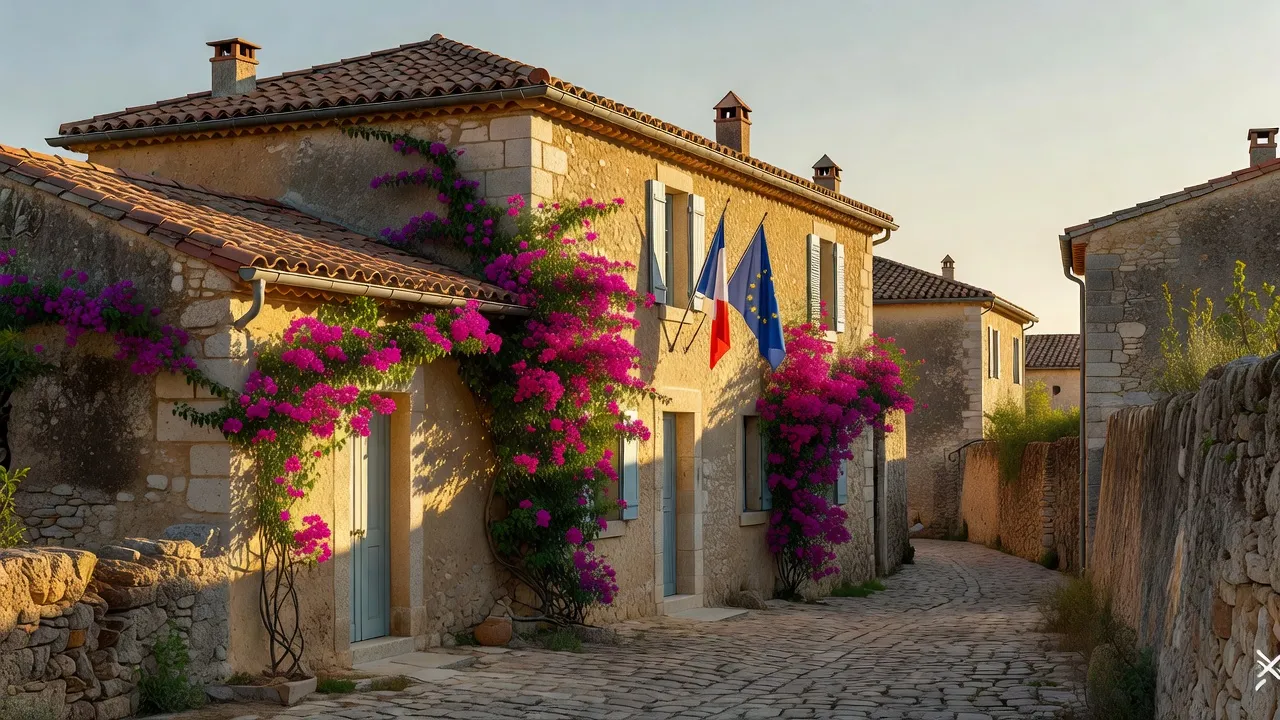 Mairie pittoresque provençale dans les Alpes-Maritimes, façade en pierre fleurie