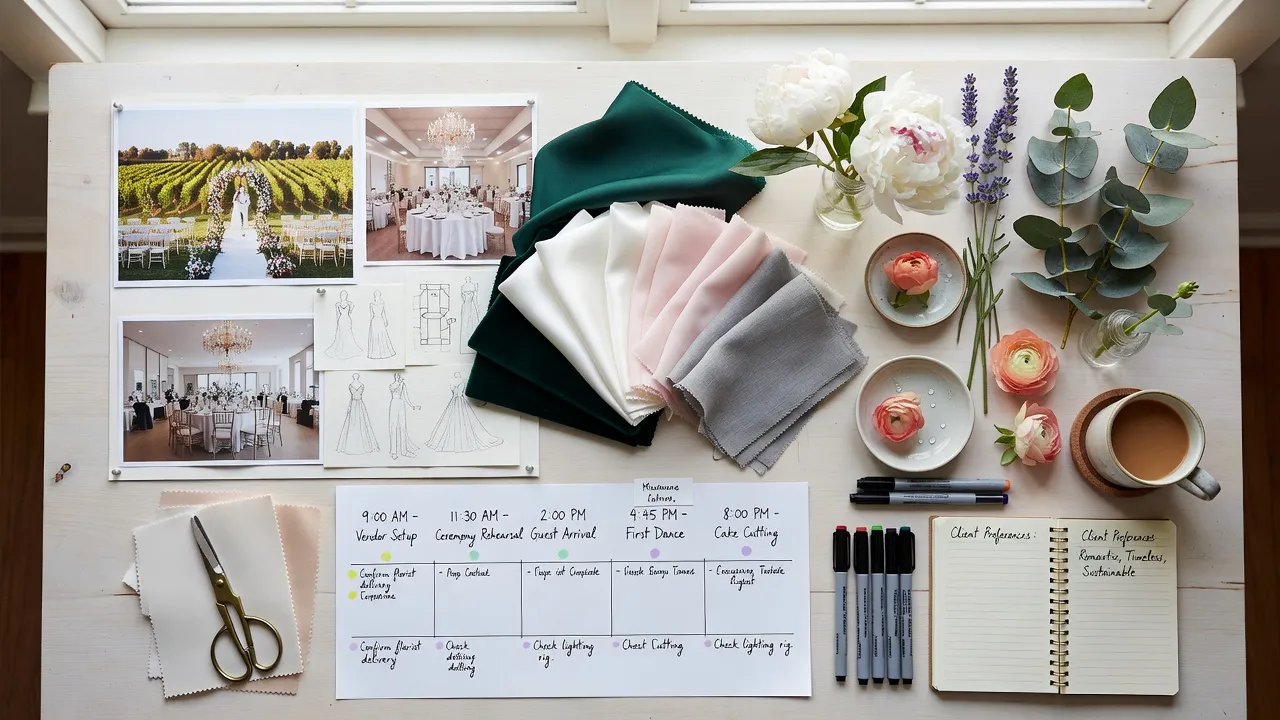 Table de travail d'une wedding planner avec mood board et échantillons