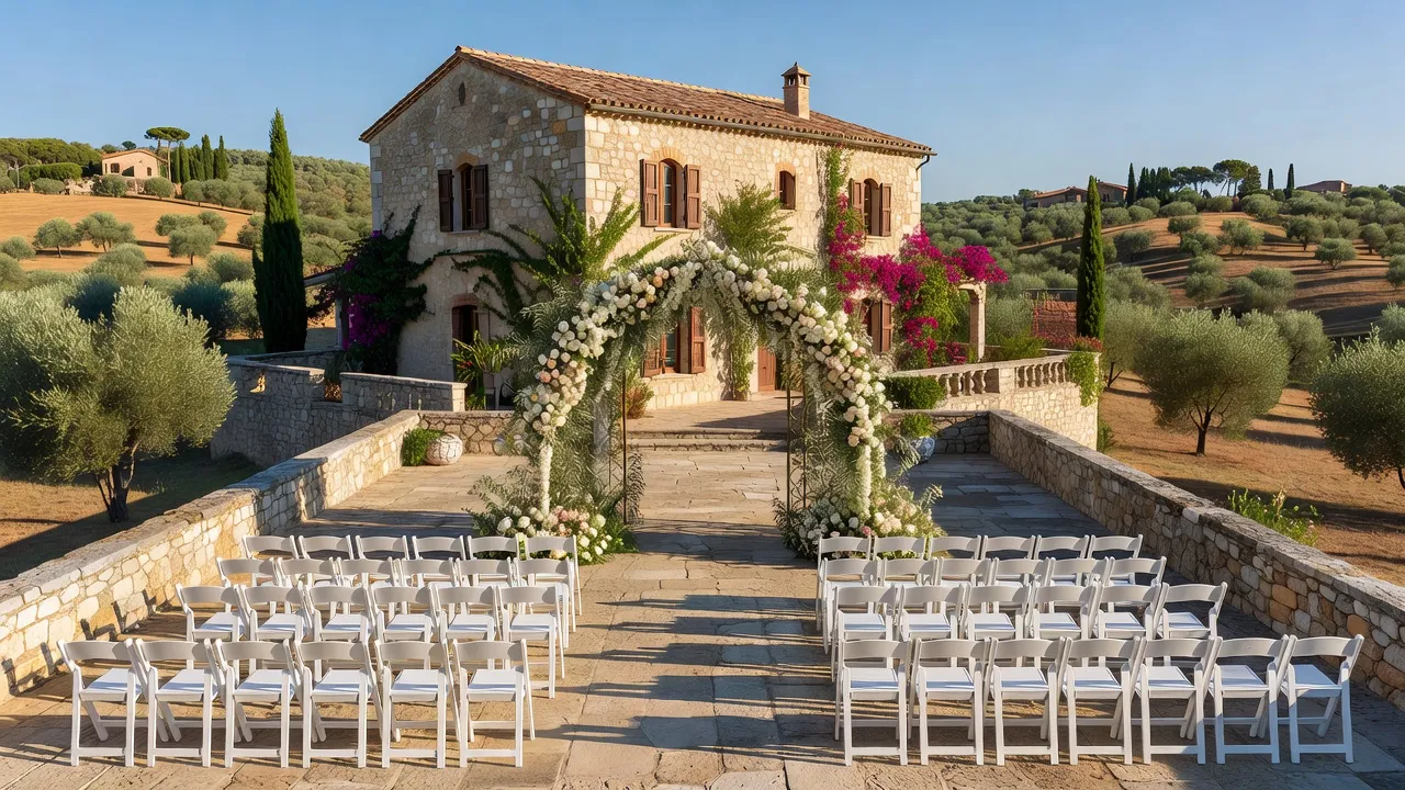 Cérémonie en plein air vue du dessus avec chaises blanches et arche fleurie
