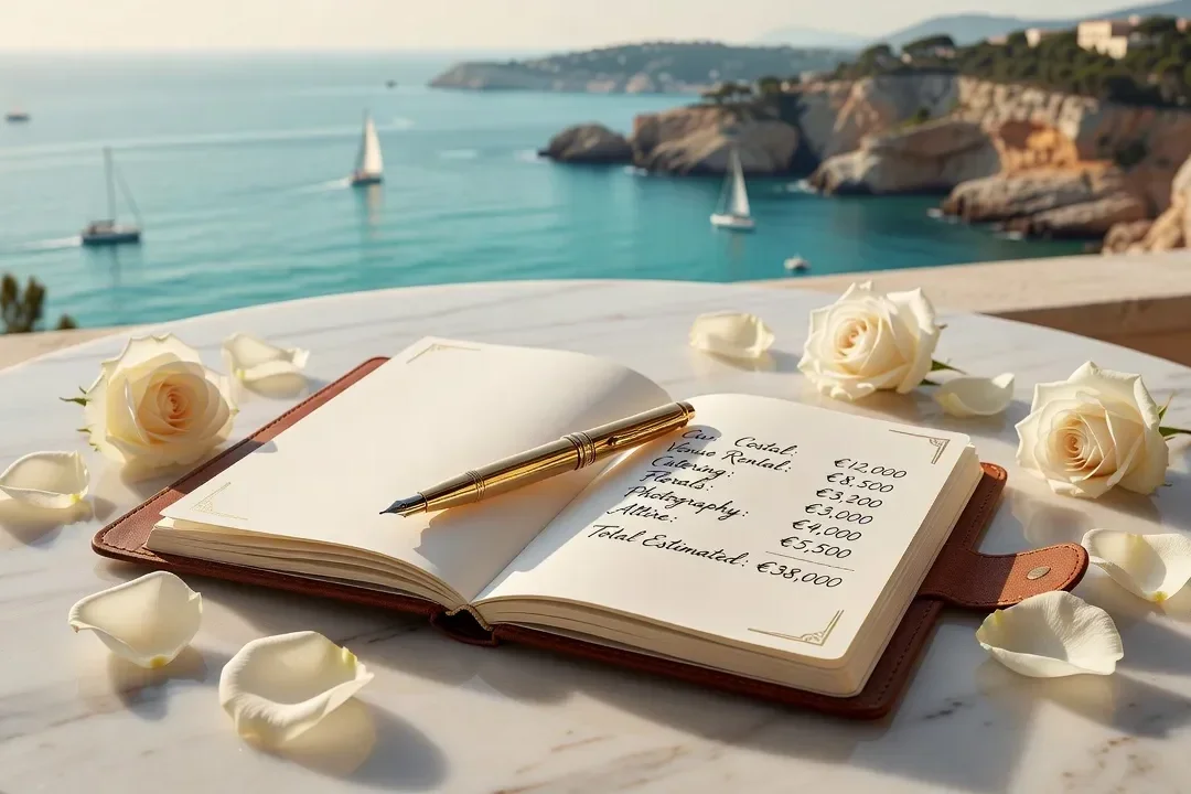 Tableau de bord budget mariage avec carnet et fleurs sur fond ivoire