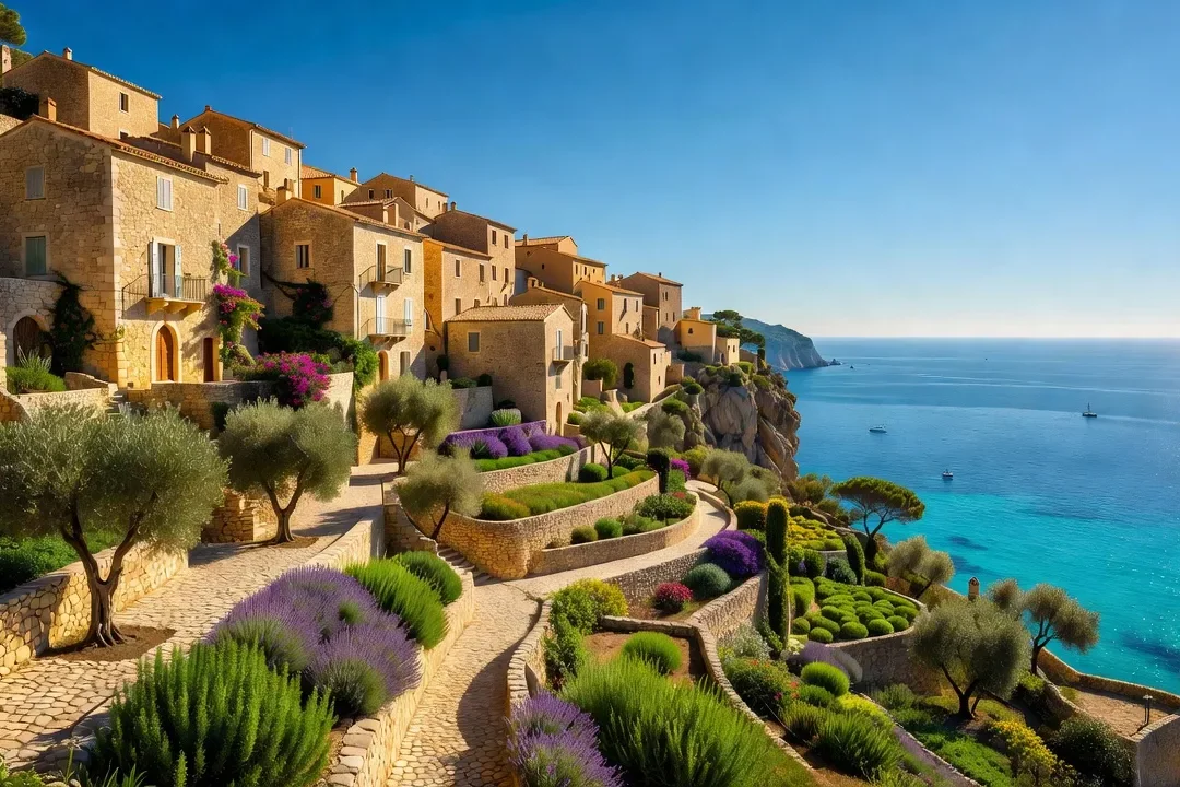 Vue panoramique du village d'Èze surplombant la mer Méditerranée