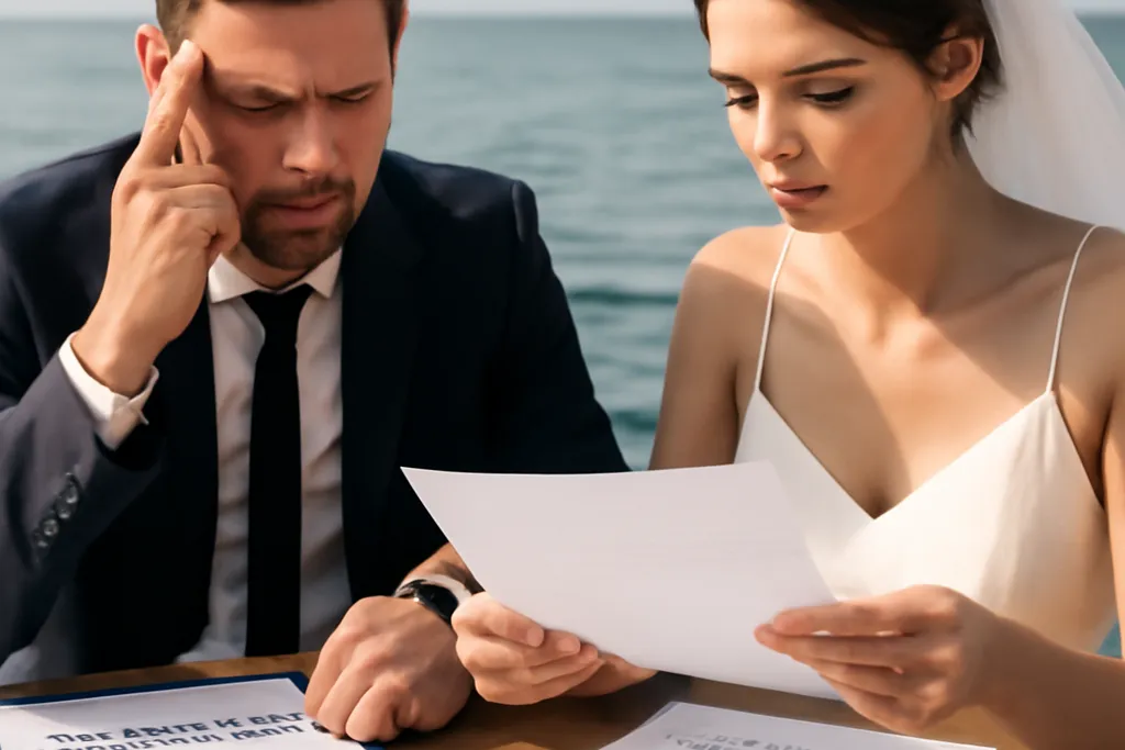 Couple consultant un contrat d'assurance annulation de mariage