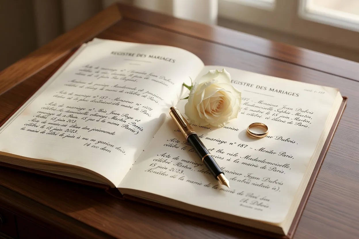 Registre officiel de mariage ouvert sur un bureau en bois avec stylo plume