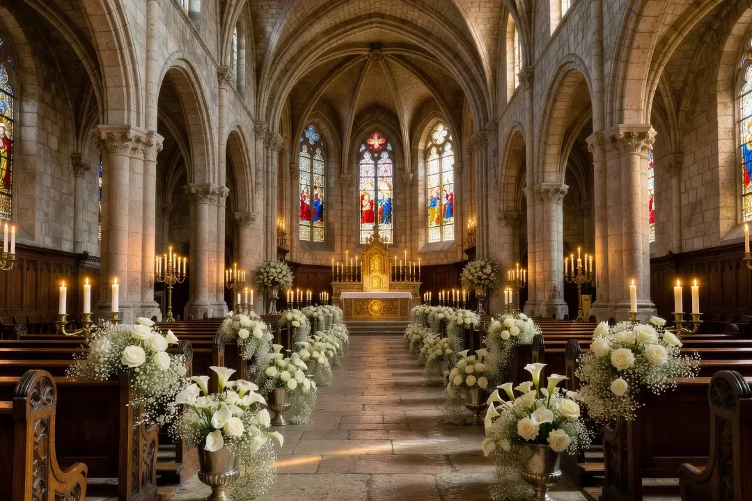 Intérieur d'une église de la Côte d'Azur avec nef fleurie pour un mariage