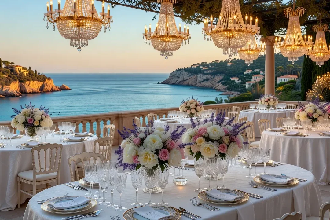 Villa de prestige face à la Méditerranée avec terrasse fleurie pour une réception de mariage