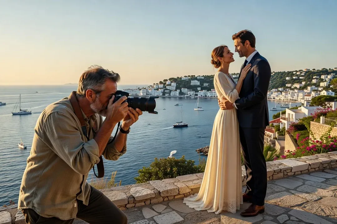 Photographe de mariage qui photographie un couple au coucher de soleil sur la Méditerranée