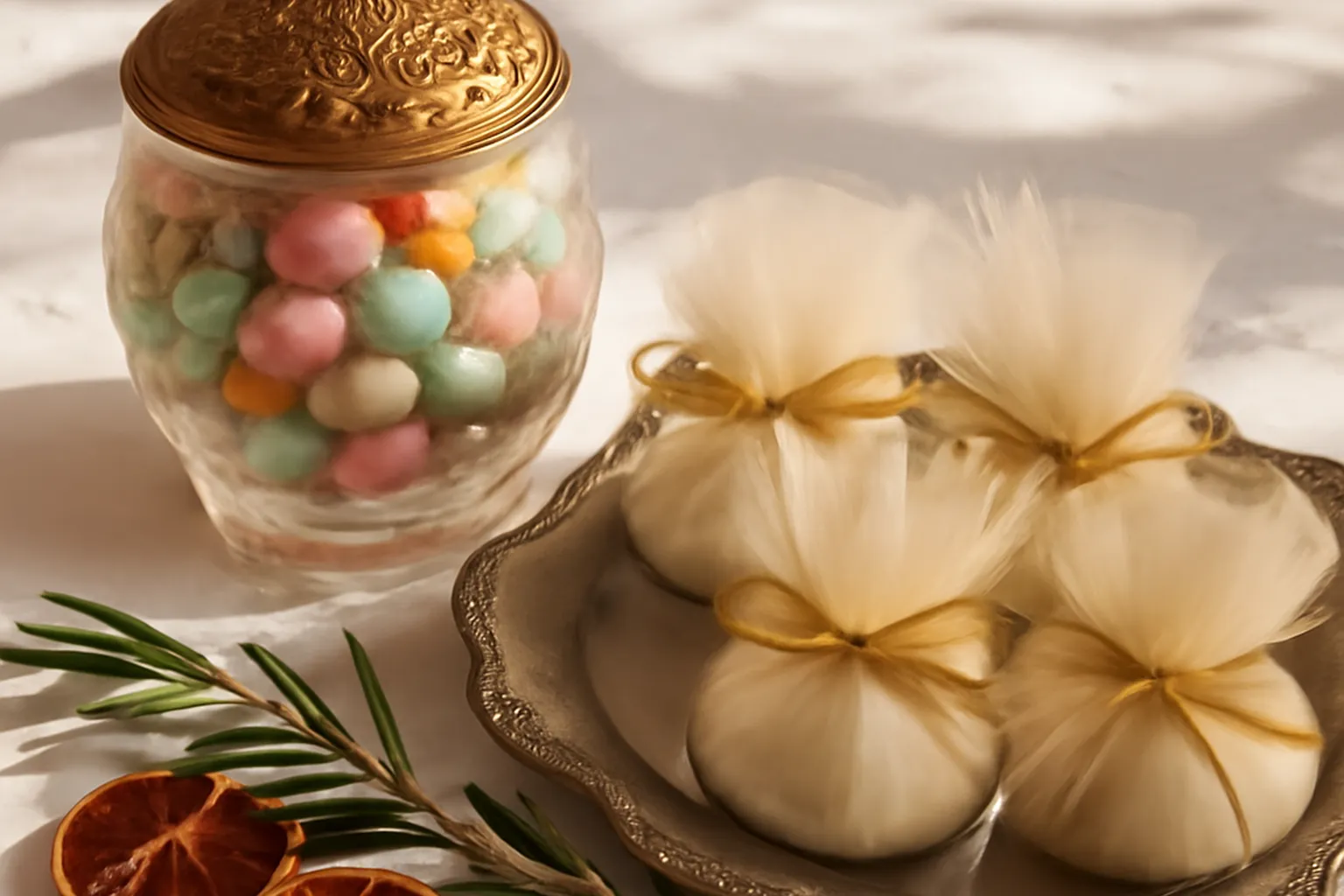 Confetti italiens et dragées colorées disposés dans une bomboniera blanche sur une nappe brodée niçoise