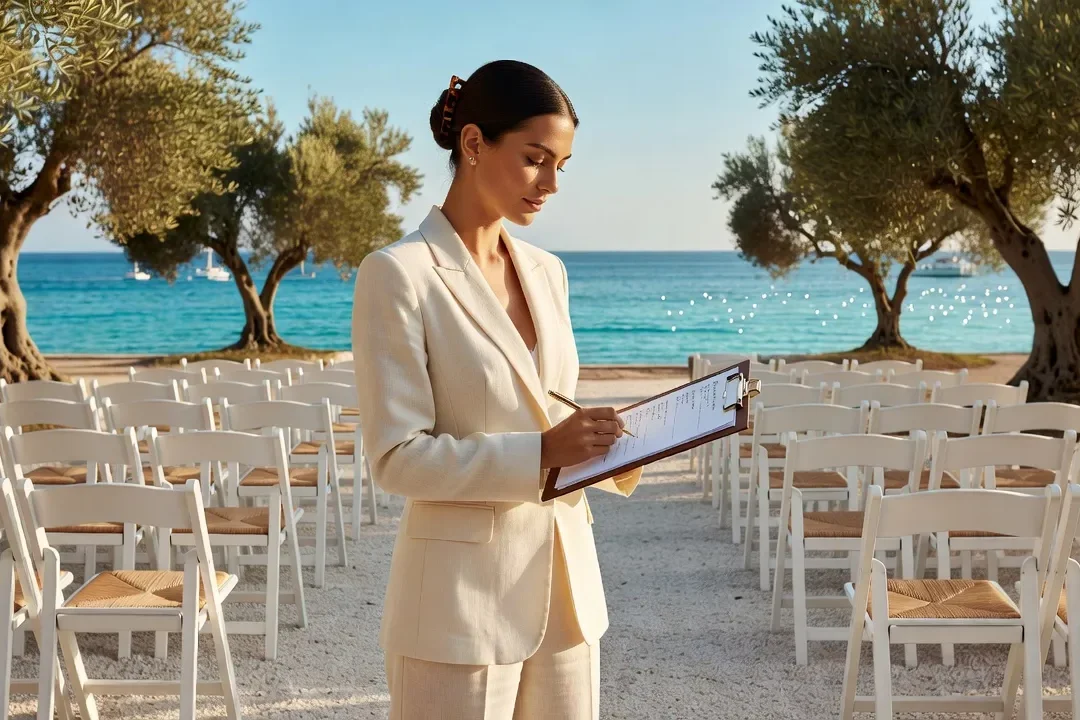 Wedding planner qui coordonne une cérémonie en extérieur face à la mer